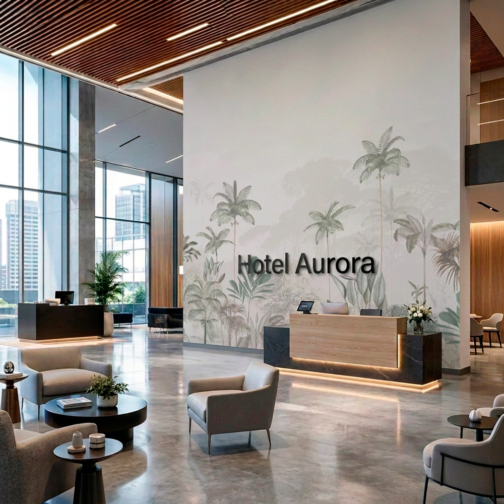 Novotech Grafiche - Carta da parati personalizzata e branding per reception hotel
